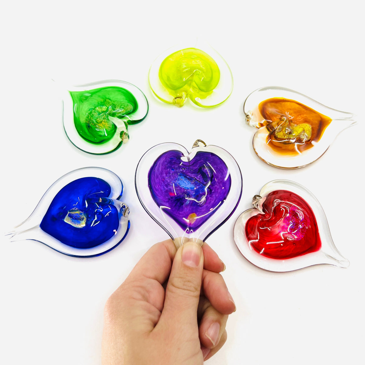Rainbow Heart Ornament Set Suncatcher Luke Adams Glass Blowing Studio 