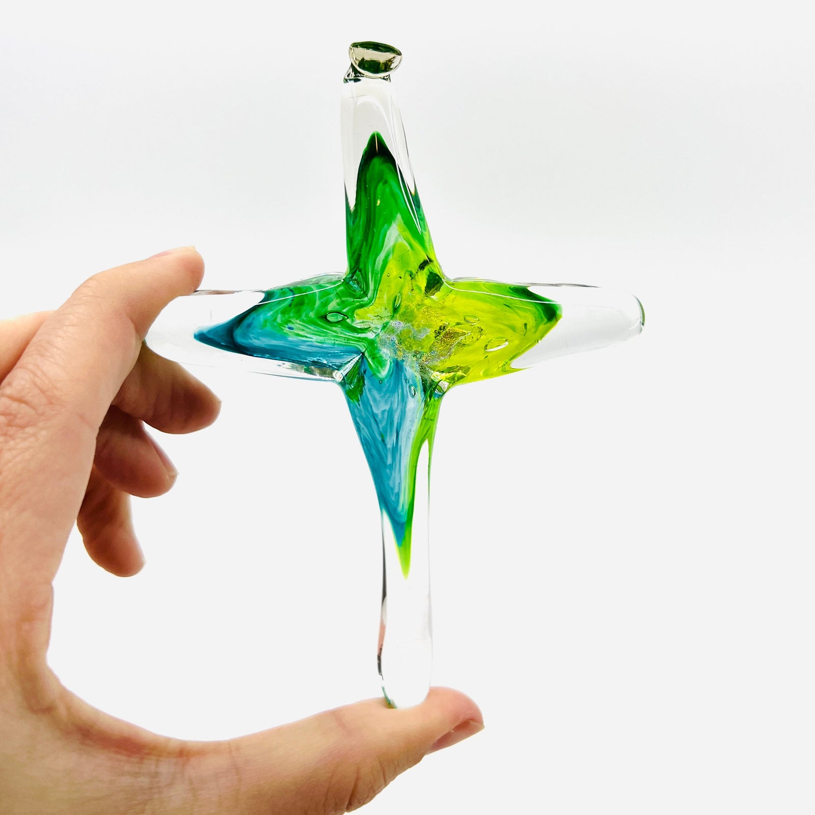 Cross Ornament, Swiss Alps Suncatcher Luke Adams Glass Blowing Studio Large 