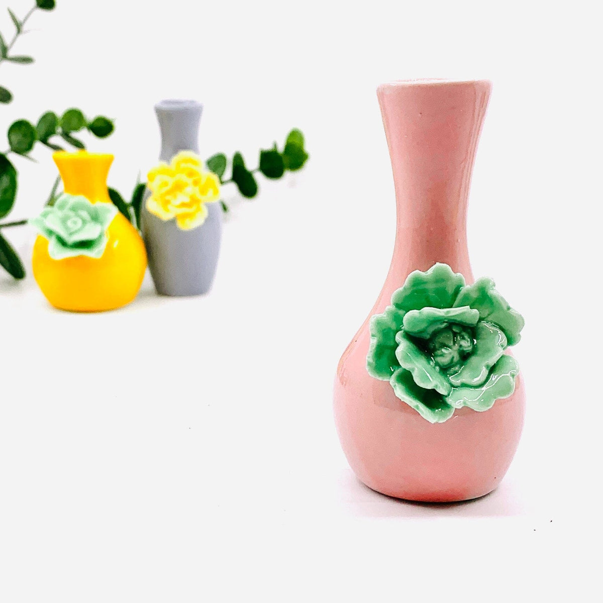 Mini Ceramic Flower Bud Vases, Pink with Mint Flower Decor One Hundred 80 Degrees 