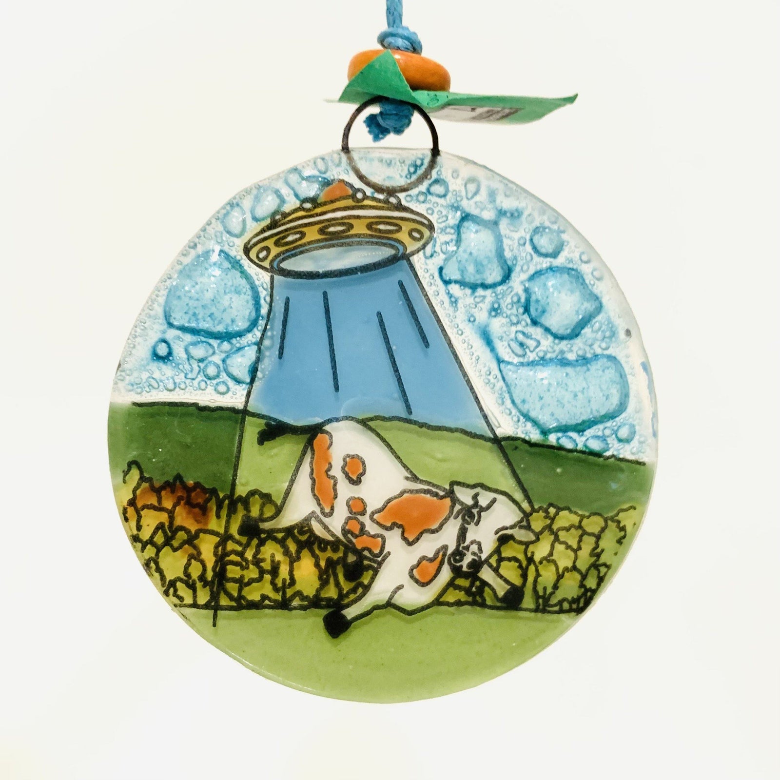 Fair Trade Ornament 173 UFO Taking Cow Ornament Pam Peana 