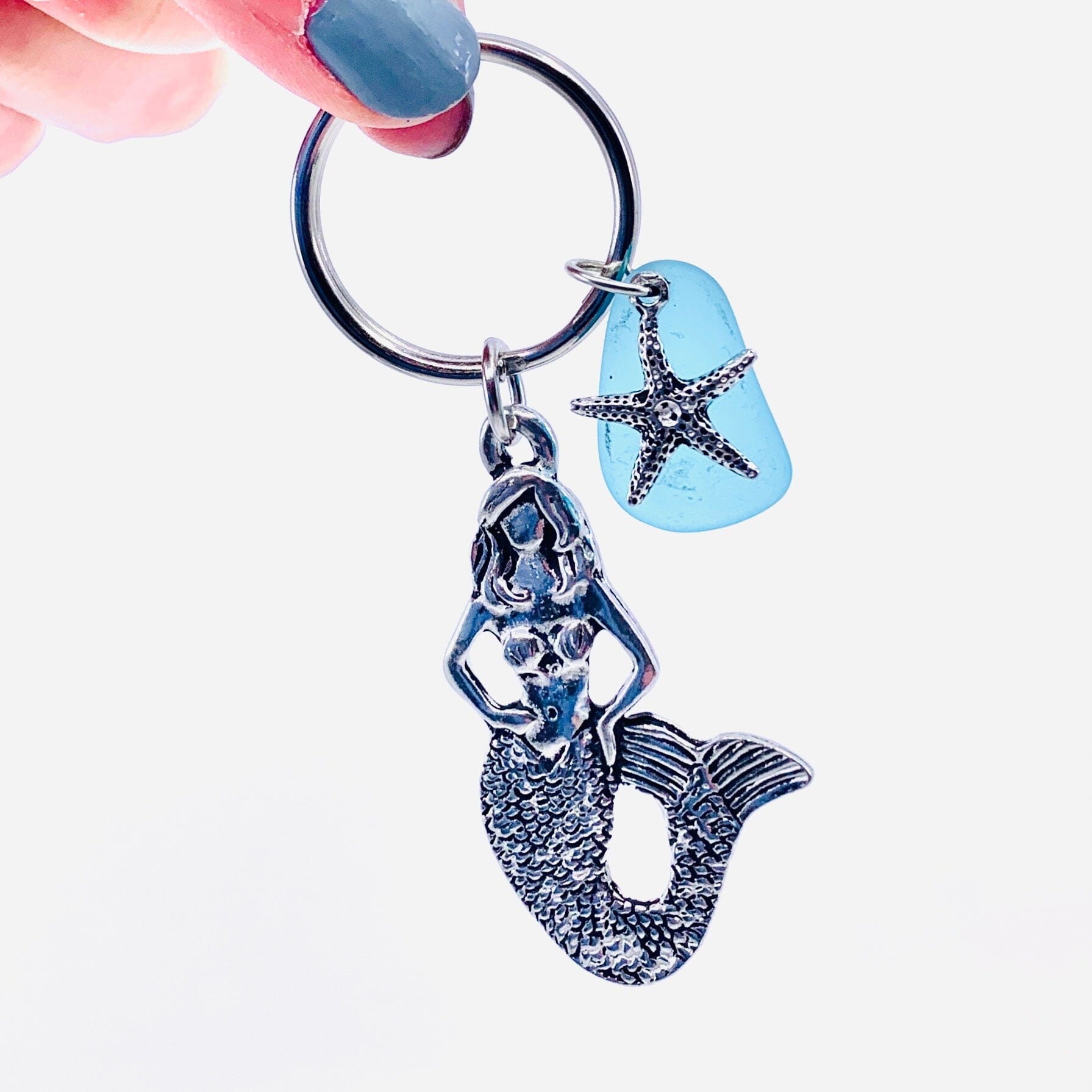 Pewter Mermaid Keychain with Blue Sea Glass Jewelry Basic Spirit 
