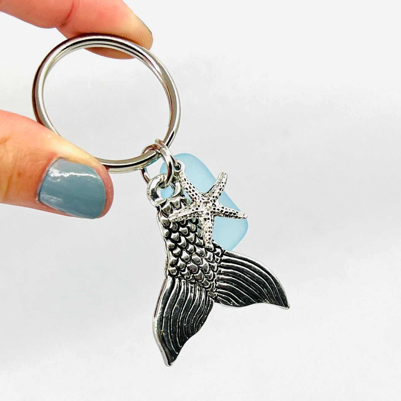 Pewter Mermaid Tail Keychain with Aqua Sea Glass Jewelry Basic Spirit 