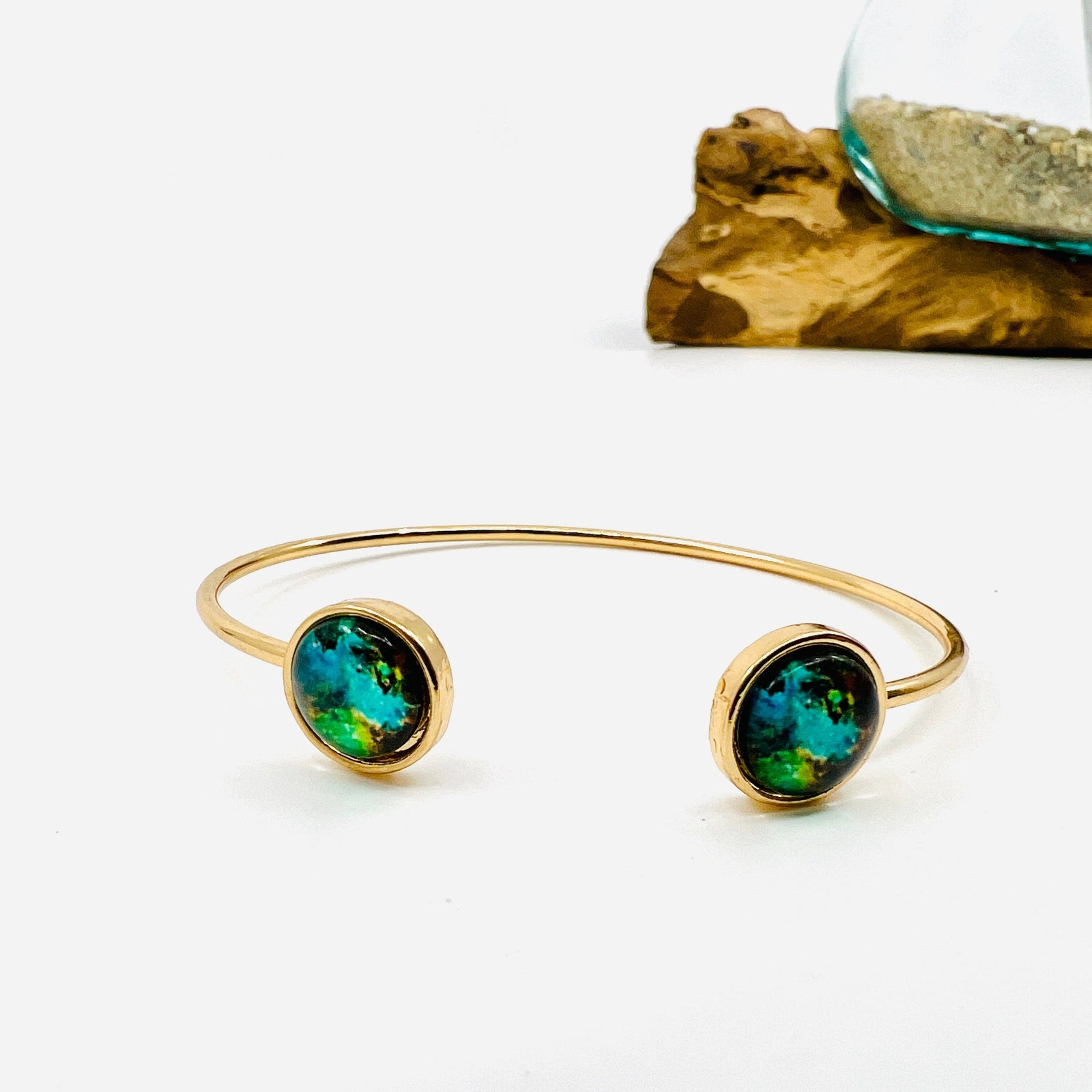 Galaxy Detail Cuff Bracelet, Gold Teal and Green Jewelry - 