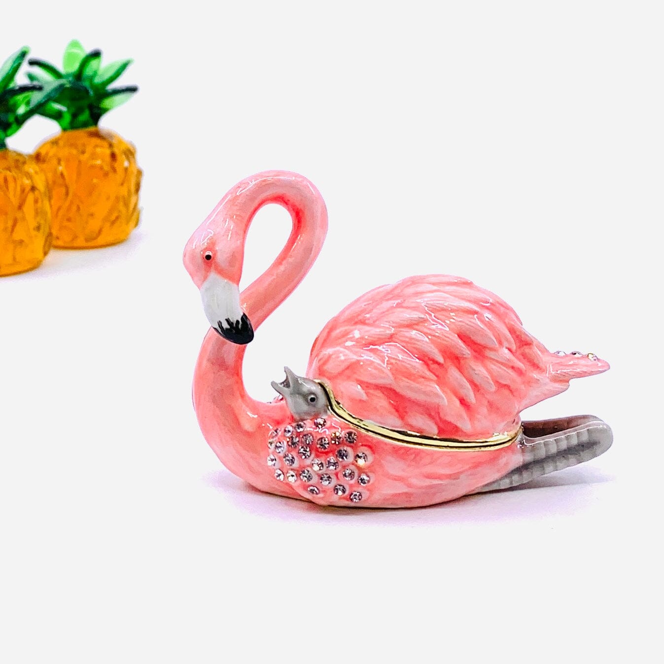 Bejeweled Enamel Trinket Box, Flamingo and Baby Decor Kubla Craft 
