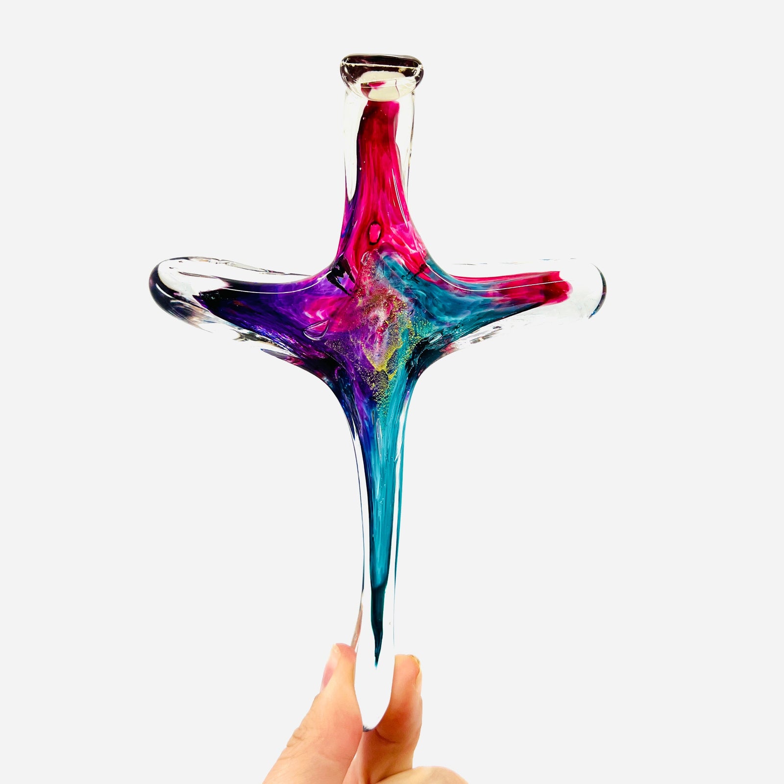 Cross Ornament, Peacock Suncatcher Luke Adams Glass Blowing Studio Large 