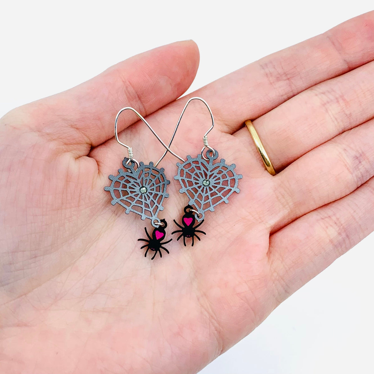 Tiny Whimsical Earrings, Spiderweb Heart Jewelry Sienna Sky 