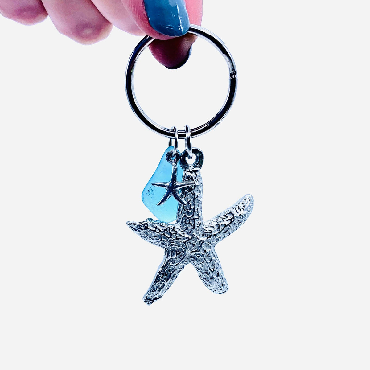 Pewter Starfish Keychain with Blue Sea Glass Jewelry Basic Spirit 
