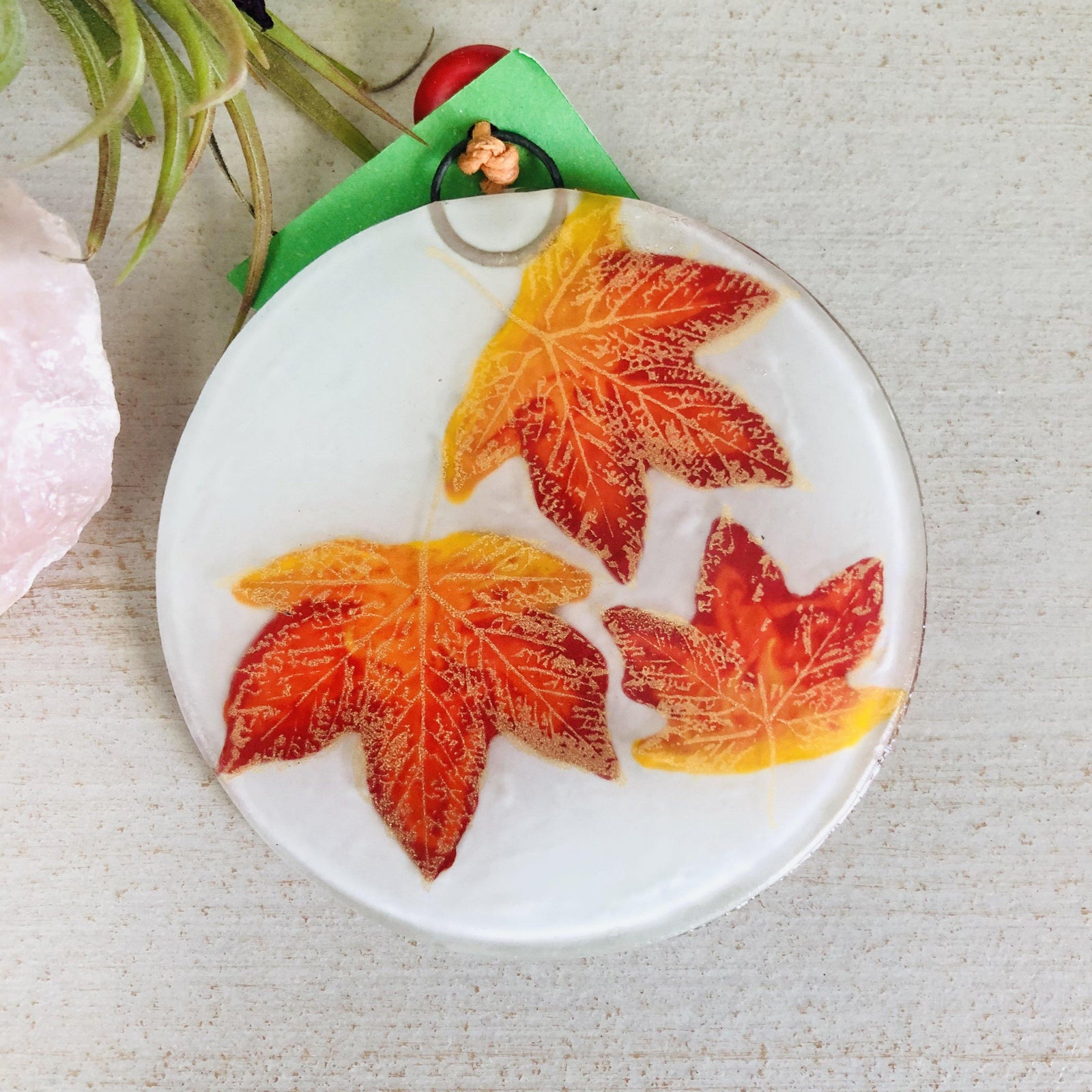 Fair Trade Ornament 158 Autumn Leaves White Luke Adams Glass Blowing Studio 