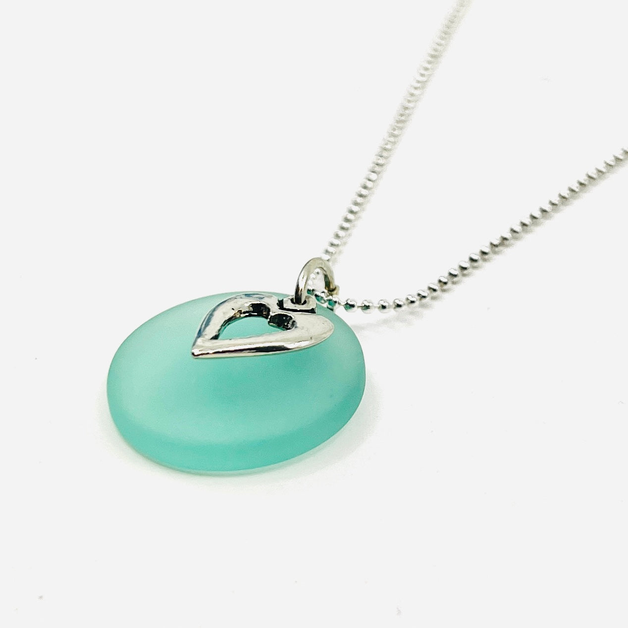 Pewter Heart Pendant Necklace with aqua Sea glass Jewelry Whitney Howard Designs 