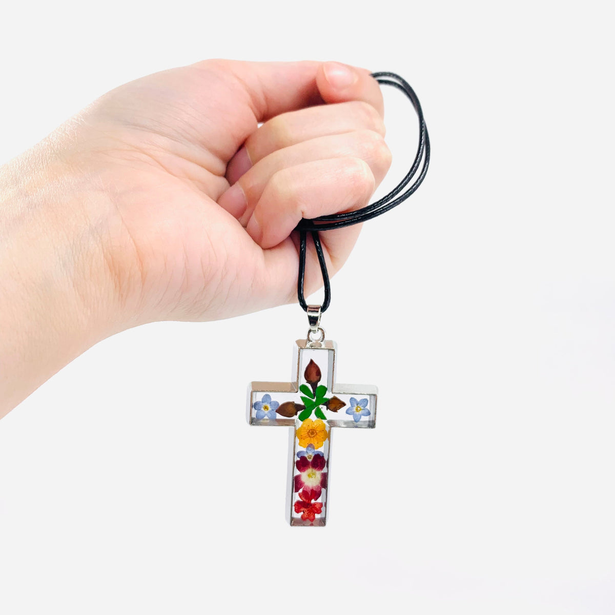 Pressed Flower Cross Necklace - 