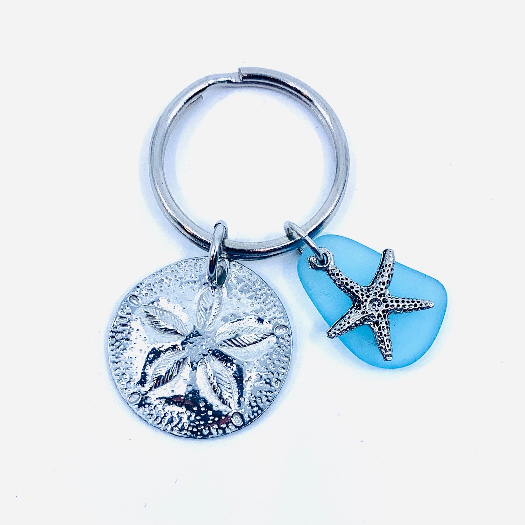Pewter Sand Dollar Keychain with Blue Sea Glass Jewelry Basic Spirit 