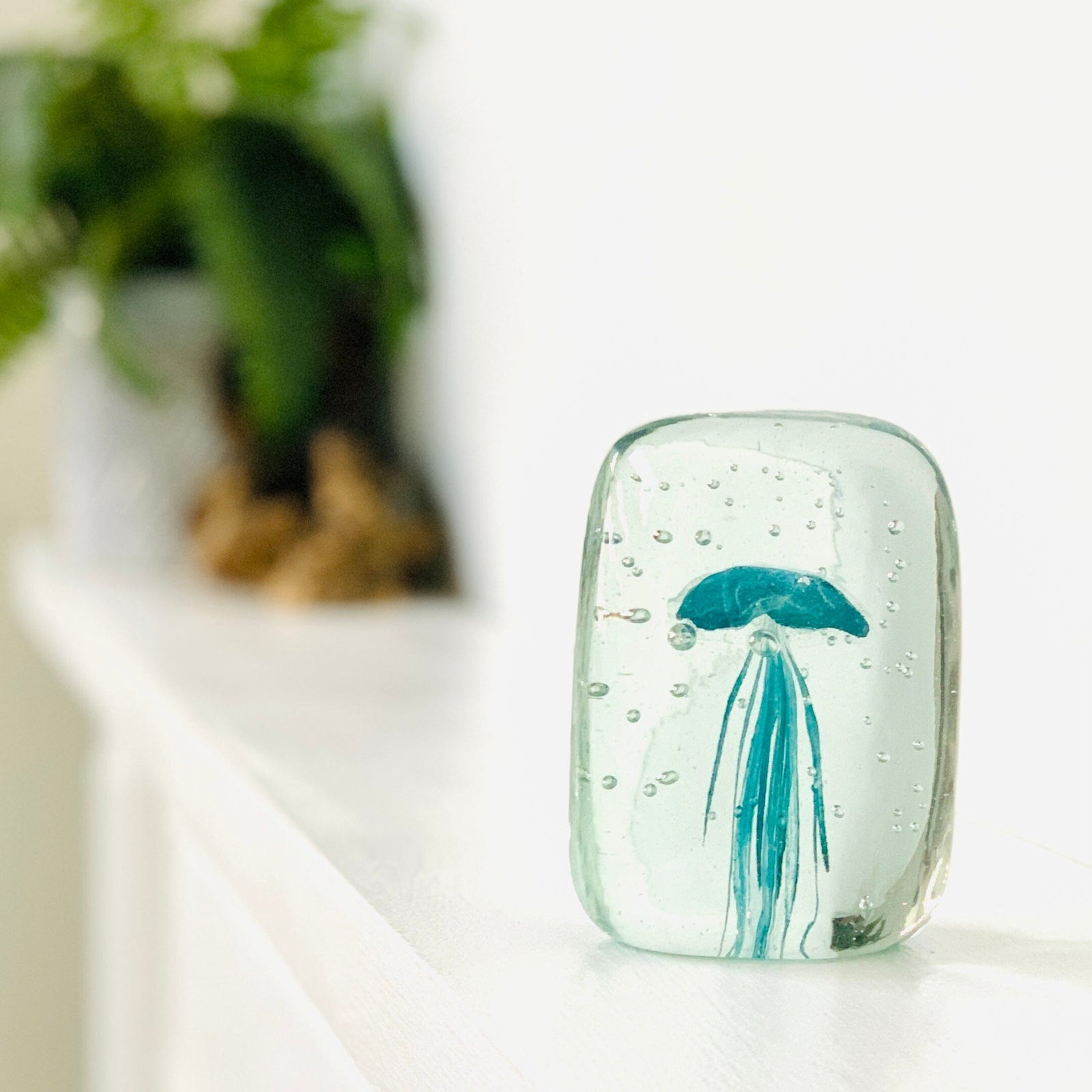 Glow in the Dark Jellyfish Paperweight Block, Turquoise Decor Chesapeake Bay 